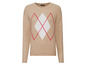Beigefarbener Strickpullover mit rotem und weißem Rautenmuster.