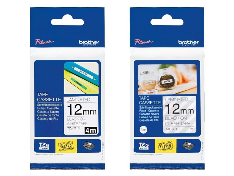Zwei Brother P-touch Tape-Kassetten: 12 mm Schwarz auf Weiß und 12 mm Schwarz auf Transparent.