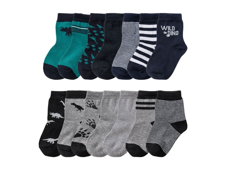 Set mit Dinosaurier-Socken für Jungen, mit Streifen und 'Wild Dino' Design.