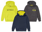 Drei Kapuzenpullover mit Weltraumthema: Gelb mit 'SPACE', Grau mit 'MOON' und Dunkelblau.