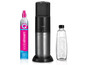 SodaStream Duo Gerät mit einer CO2-Kartusche und einer Glasflasche.