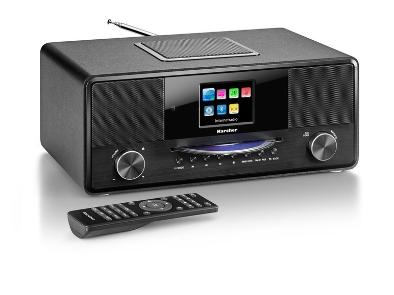Ein schwarzes Karcher Radio mit CD-Player und Fernbedienung.