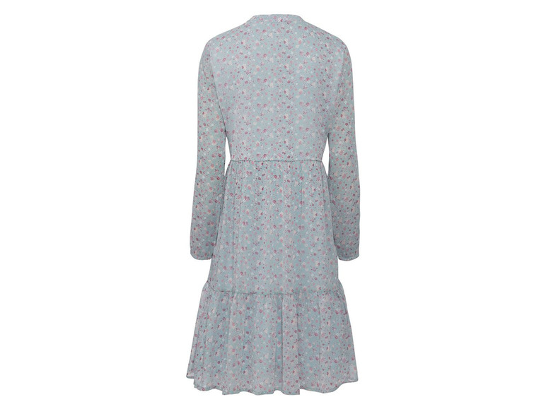 Ein langes, blaues Kleid mit Blumenmuster.