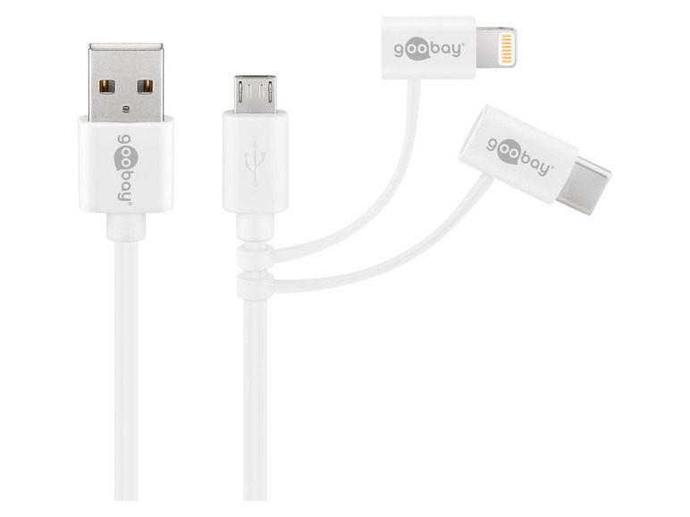 Gehe zu Vollbildansicht: Goobay 3-in-1 Lade-und Synchronisationskabel, USB-A 2.0 auf Micro USB, USB-C™ & Apple Lightning-Anschluss, 1 m, weiß - Bild 1