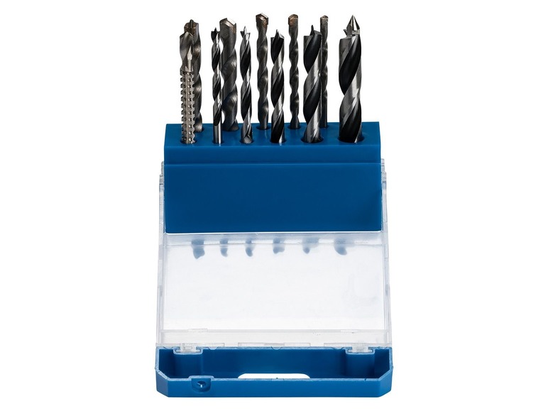 Ein Satz Bohrer in einer blauen Box.