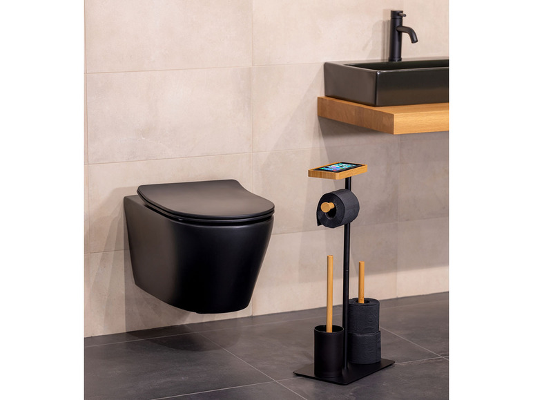 Gehe zu Vollbildansicht: Wenko Stand WC-Garnitur Barberi, 4 in 1 Konstruktion, aus schwarz lackiertem Metall und Bambus - Bild 6