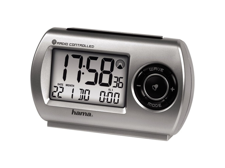 Ein silberner Hama Funkwecker mit digitaler Zeitanzeige.