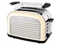 Ein cremefarbener Toaster mit Edelstahldetails.