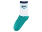 Weiße Socke mit blauem Rand und türkisfarbenem Fersenbereich, mit dem Schriftzug 'HEY!'