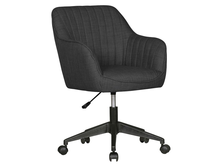 Grauer Bürostuhl mit Armlehnen und Rollen.