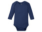 Ein dunkelblauer Baby-Body mit langen Ärmeln.