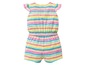 Ein gestreiftes Baby-Jumpsuit mit kurzen Ärmeln für Mädchen.