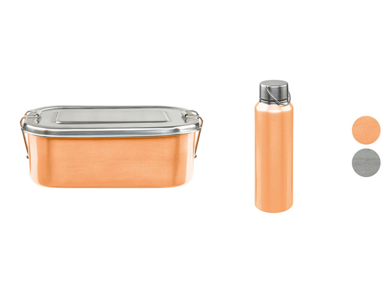 Eine orangefarbene Thermosflasche und eine Edelstahl-Lunchbox.