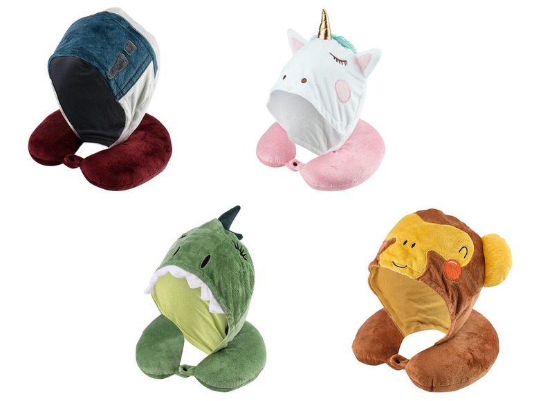 Vier verschiedene Nackenkissen mit Tierhauben, darunter ein Einhorn.