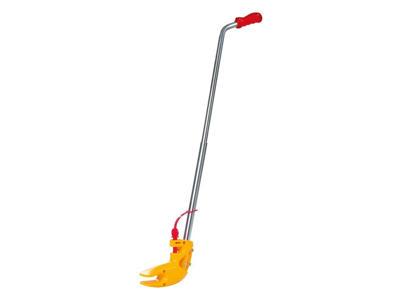 Ein gelber und roter Wagenheber mit langem Stiel.