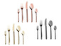 Gold, Kupfer und schwarzes Besteck mit Gabel, Messer und Löffel.