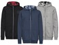 Drei Herren-Hoodies in Schwarz, Grau und Blau.
