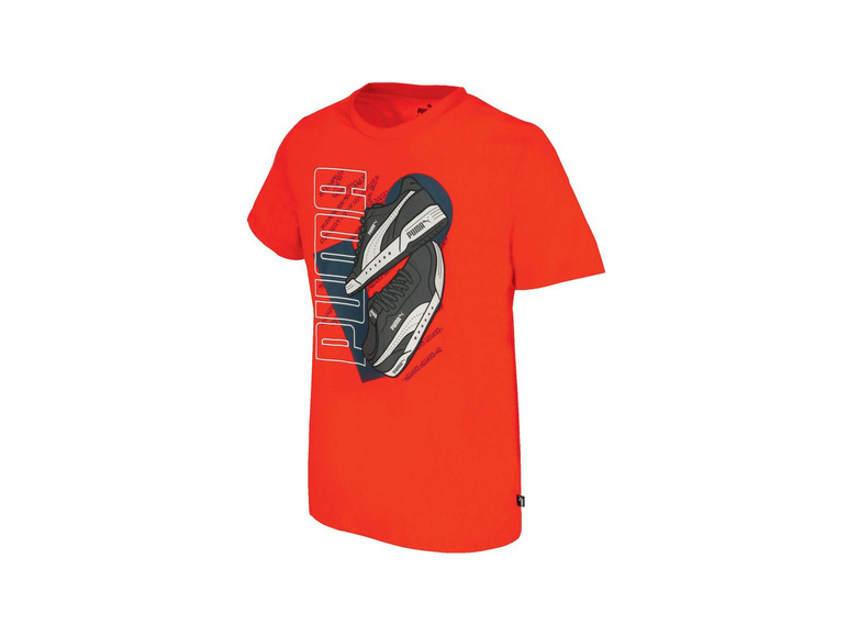 Orangefarbenes T-Shirt mit Puma-Sneaker-Print.