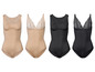 Zwei beige und zwei schwarze formgebende Bodysuits mit Spitzendetails.