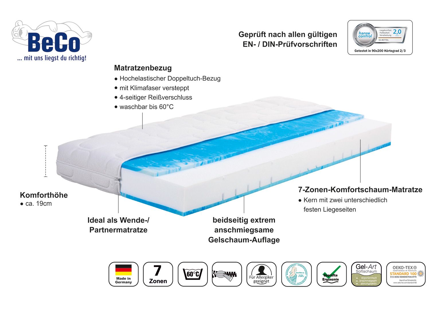 BECO 7-Zonen Komfortschaum-Matratze Ortho-Dynamic (H2 / H3, 140 x 200 cm) – Bild 2 von 4