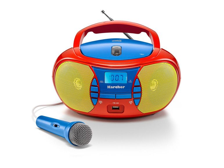 Ein rotes Karcher Radio mit einem Mikrofon.