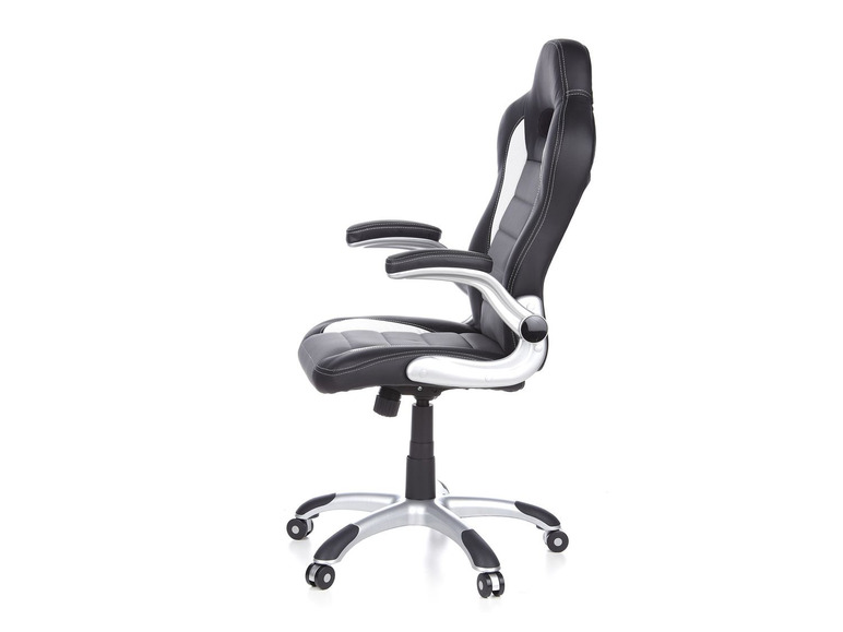 Schwarzer Bürostuhl mit Armlehnen und Rollen.