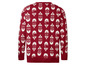 Ein roter Pullover mit einem Muster aus weißen Bärten und Brillen.