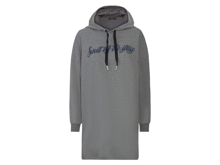 Grauer Hoodie-Kleid mit dem Schriftzug 'Sweat off the stress'.