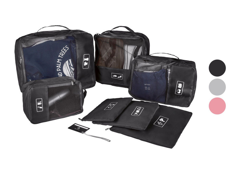 Schwarze Reisetaschen mit Mesh-Fenstern, perfekt zum Organisieren von Kleidung.