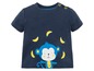 Ein dunkelblaues Baby-T-Shirt mit Affen- und Bananen-Motiv.
