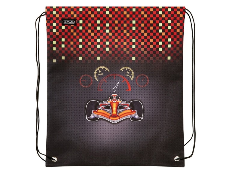 Eine schwarze Sporttasche mit einem Rennauto und einem gestreiften Design.