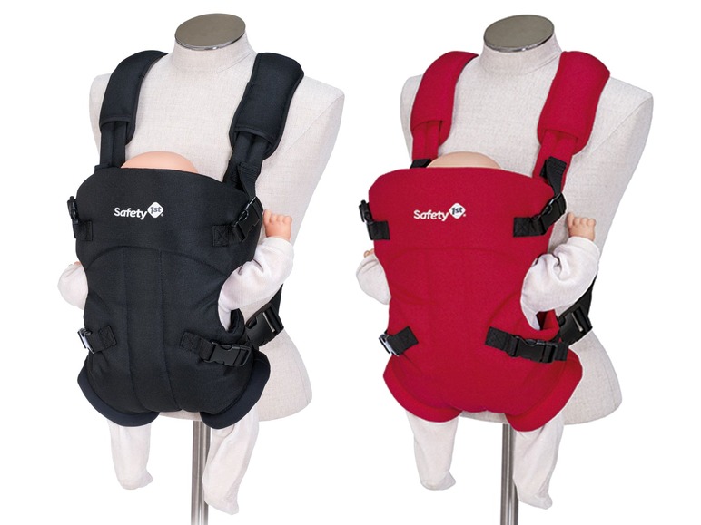 Zwei Safety 1st Babytragen, schwarz und rot.