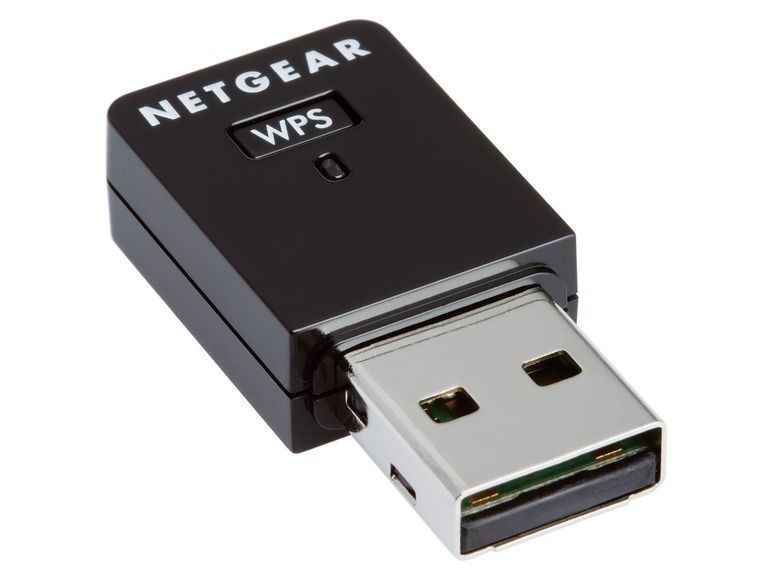 Ein schwarzer Netgear USB-WLAN-Adapter mit WPS-Taste.