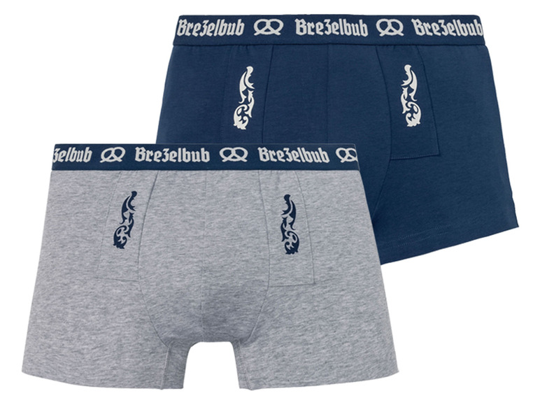 Zwei Paar Brezelbub Boxershorts, eine graue und eine dunkelblaue.