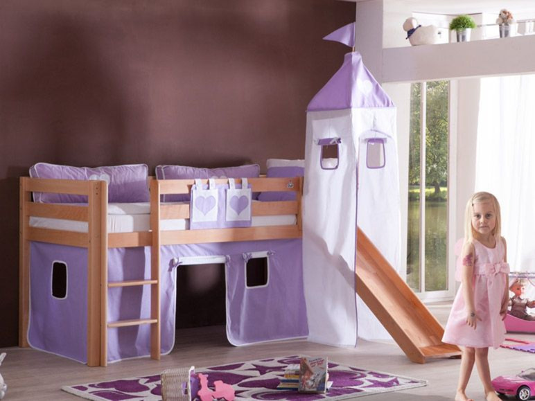 Gehe zu Vollbildansicht: Relita Spielbett Hochbett Kinderbett ALEX mit Rutsche/Turm Buche massiv natur lackiert mit Stoffset - Bild 10