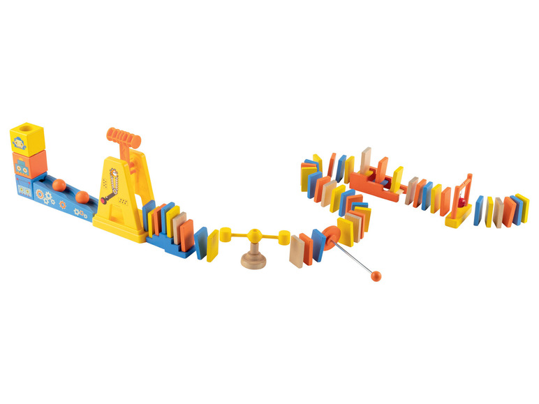 Ein Set farbenfroher Holzdomino mit Roboter-Thema.