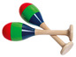 Zwei Holz-Maracas mit roten, grünen und blauen Streifen.