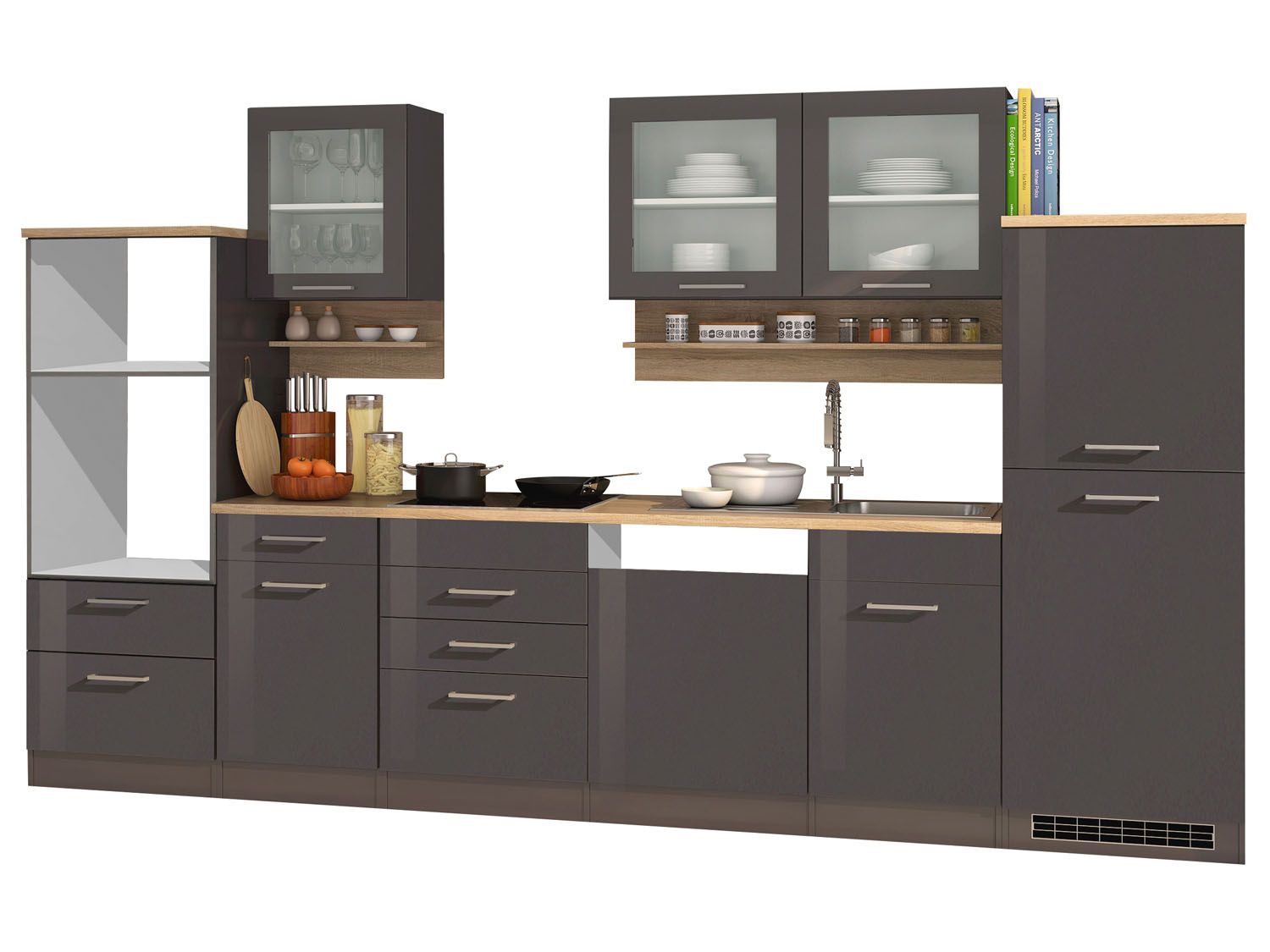 HELD Küchenzeile Mailand 220-390cm (ohne E-Geräte, Hochglanz-grau/eiche sonoma, 340 cm) | 04251639434643