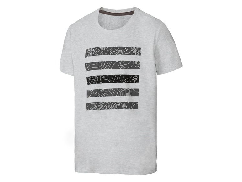 Graues T-Shirt mit schwarzen Streifen und einem topografischen Design.