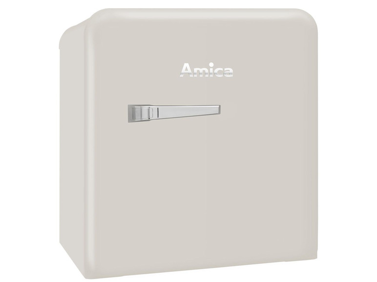 Ein beigefarbener Amica Retro-Kühlschrank.