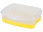 Gelbe Lunchbox mit durchsichtigem Deckel.