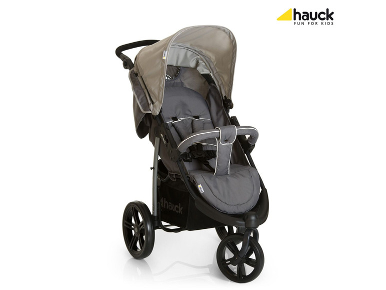 Ein grauer Hauck Kinderwagen mit großen Rädern.