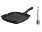 Eine schwarze Grillpfanne und eine Zange mit Silikongriffen