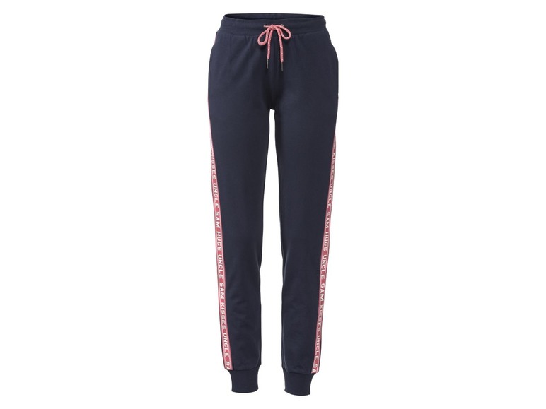 Dunkelblaue Jogginghose mit rosa 'Uncle Sam' Streifen.