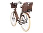 Ein braunes Fahrrad mit zwei Weidenkörben.