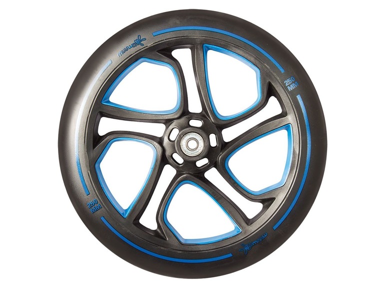 Ein schwarzes Rad mit blauen Akzenten der Marke 'Mumuu' mit einem Durchmesser von 250 mm.