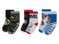 Sechs Paar rutschfeste Socken mit Marvel, Paw Patrol und Jurassic World Motiven.
