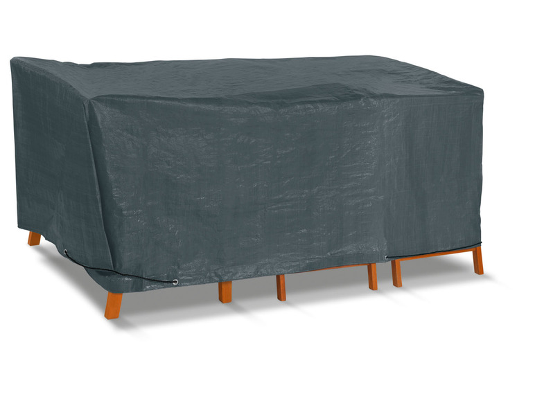 Eine graue Schutzhülle für Gartenmöbel.