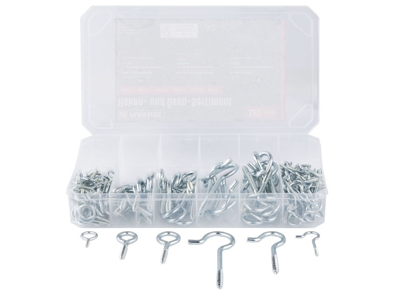 Eine Box mit verschiedenen Haken und Schrauben