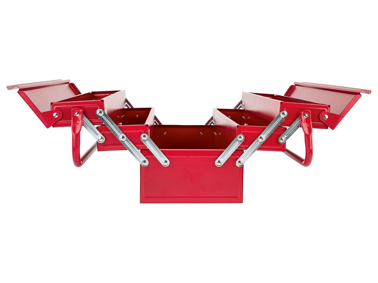 Eine rote Werkzeugkiste mit drei Fächern